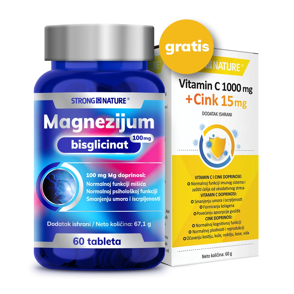 Strong Nature® <br /> Paket Magnezijum bisglicinat + GRATIS Vit C 1000 mg + Cink 15 mg